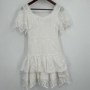OPT Mini Dress Womens XS White Eyelet Tiered Cotton